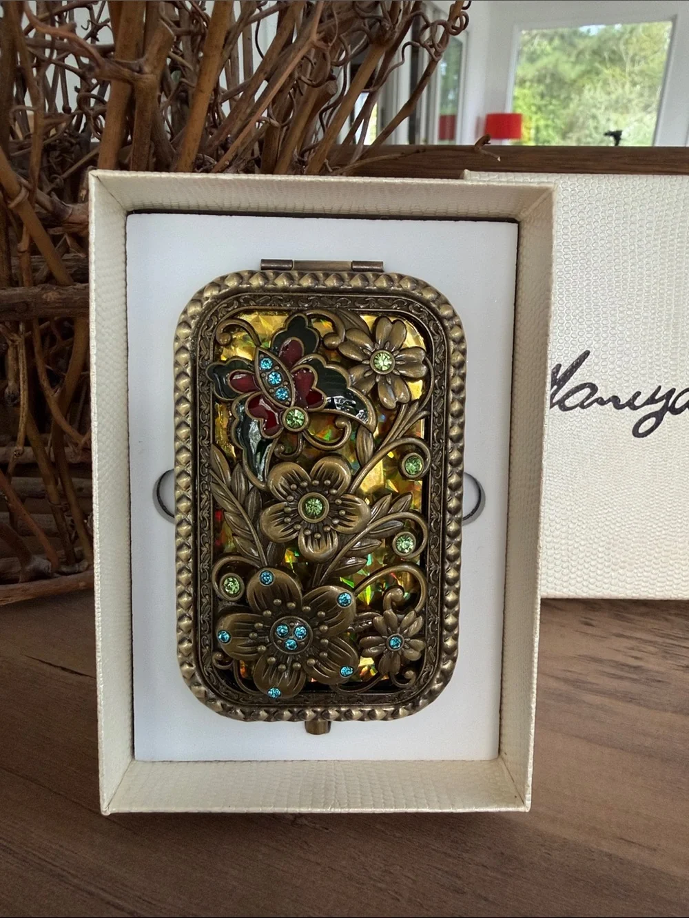 Amulya Brass Tone Floral Compact Mirror with Gem Accents